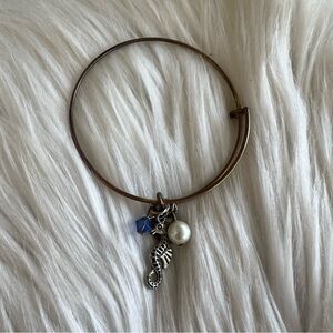 Matte Silver Seahorse and Beaded Charm Bangle Wire Bracelet